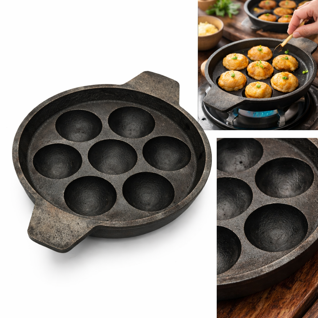 Cast Iron Paniyaram Pan – 7 Slot Traditional Unniyappam Chatti