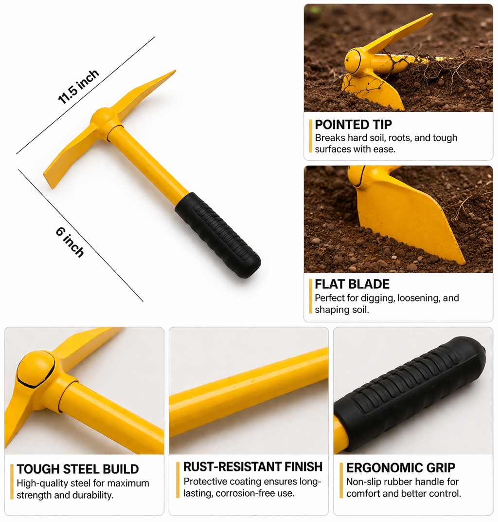 Compact Garden Pick Axe – Dual Head Mini Tool (Yellow)